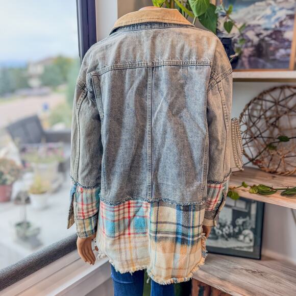 Free People Sirius Cotton Plaid-Contrast Mixed Denim Oversized Jacket, M/L - Picture 4 of 9